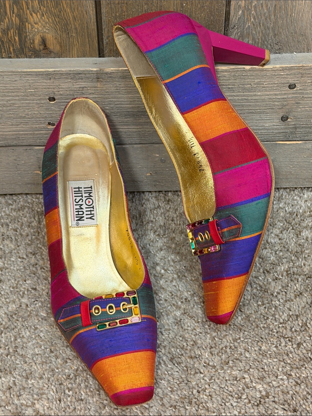Vintage Timothy Hitsman Textured Silk Jeweled Buckle Colorful Pumps Size 10.5